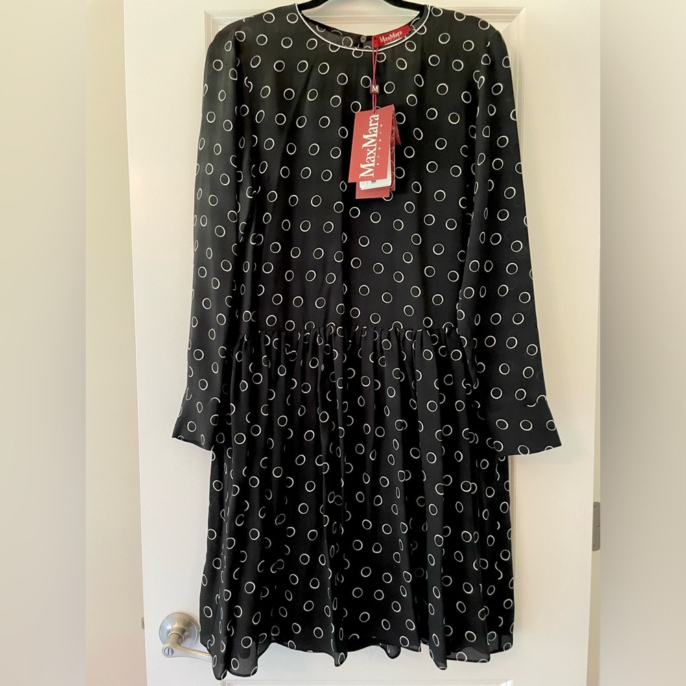 MaxMara Black and White Long Sleeve Silk Dress
